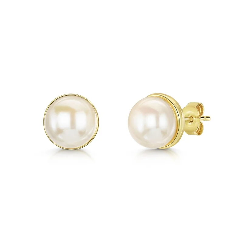 Gold Plated Silver Bezel Set 9-9.5m Pearl Stud Earrings