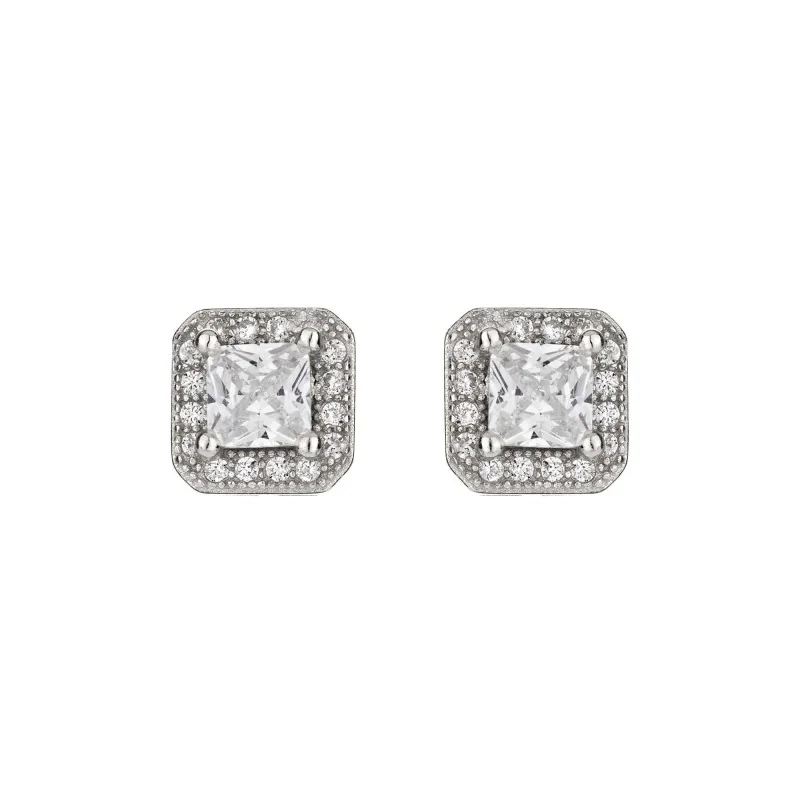 Silver Princess Cut Cubic Zirconia Halo Stud Earrings