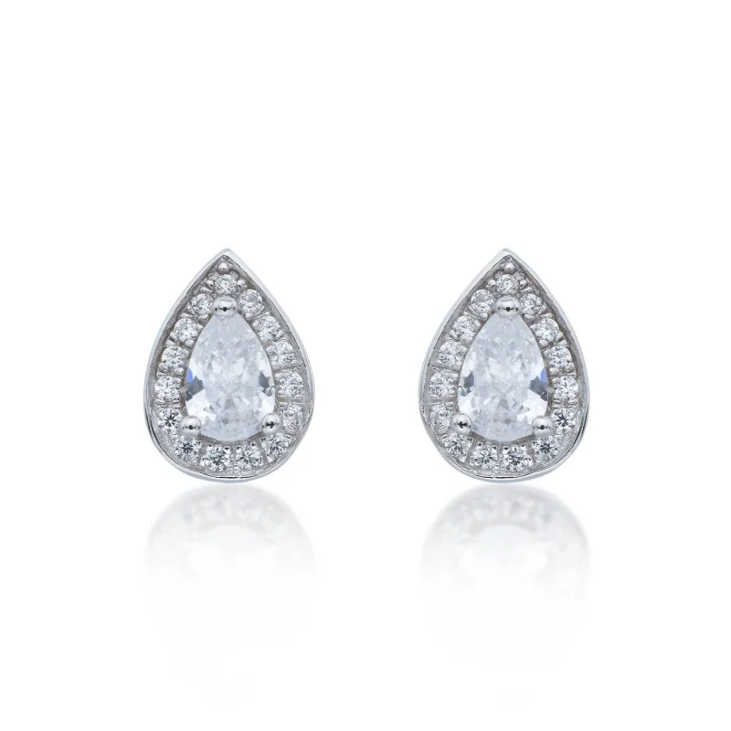Silver Pear Cut Cubic Zirconia Halo Earrings