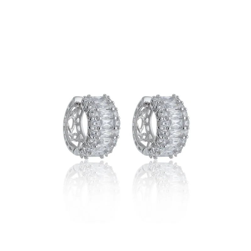 Silver Cubic Zirconia Baguette Cut Hoop Earrings