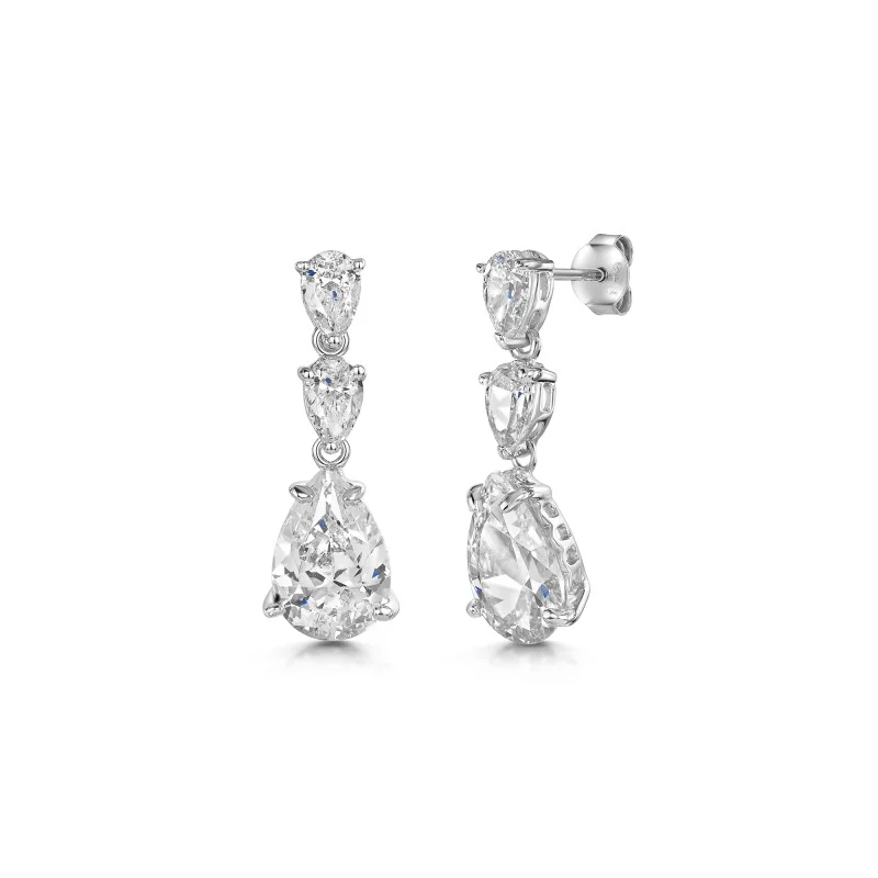 Silver Pear Cut Cubic Zirconia 3 Stone Drop Earrings