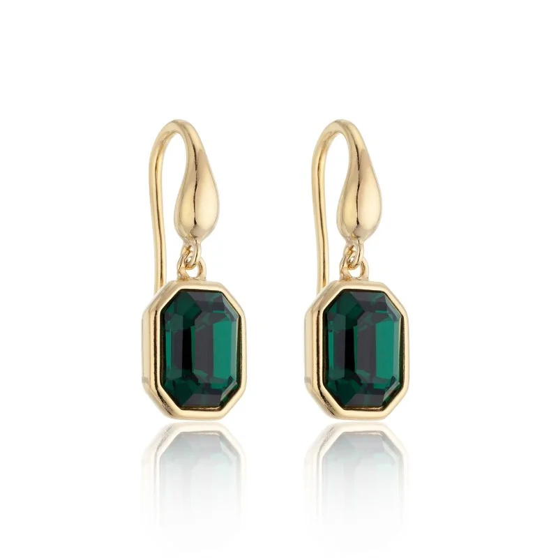 Silver Yellow Gold Plated Green Cubic Zirconia Octagon Drop Earrings