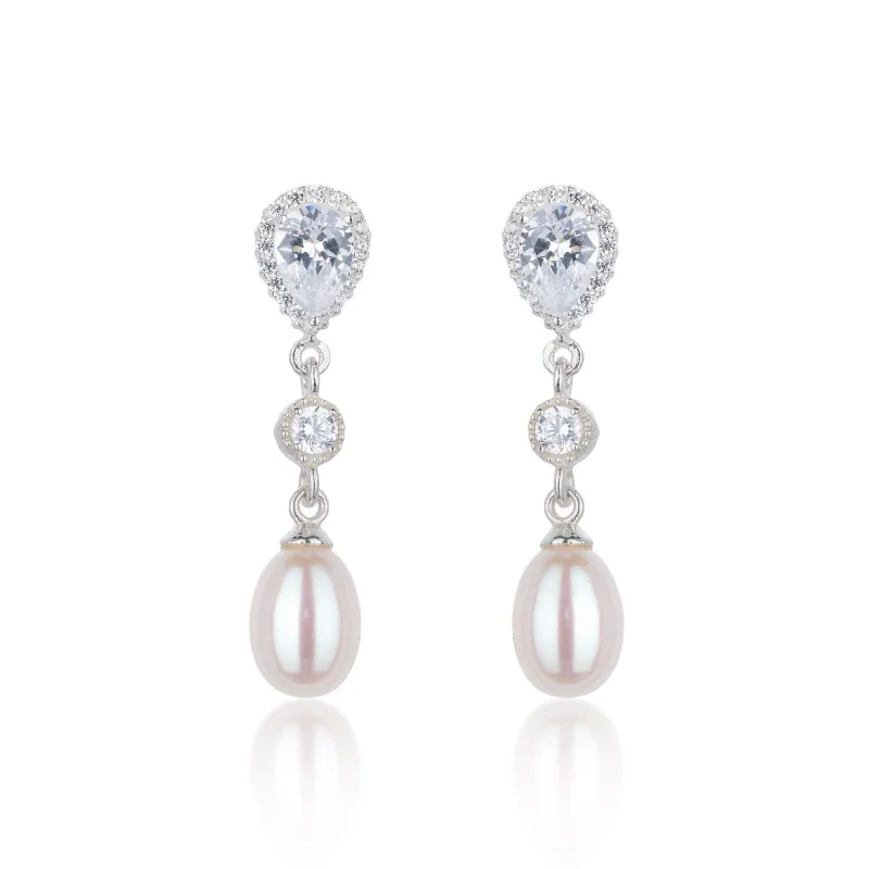Silver Pearl and Cubic Zirconia Drop Earrrings