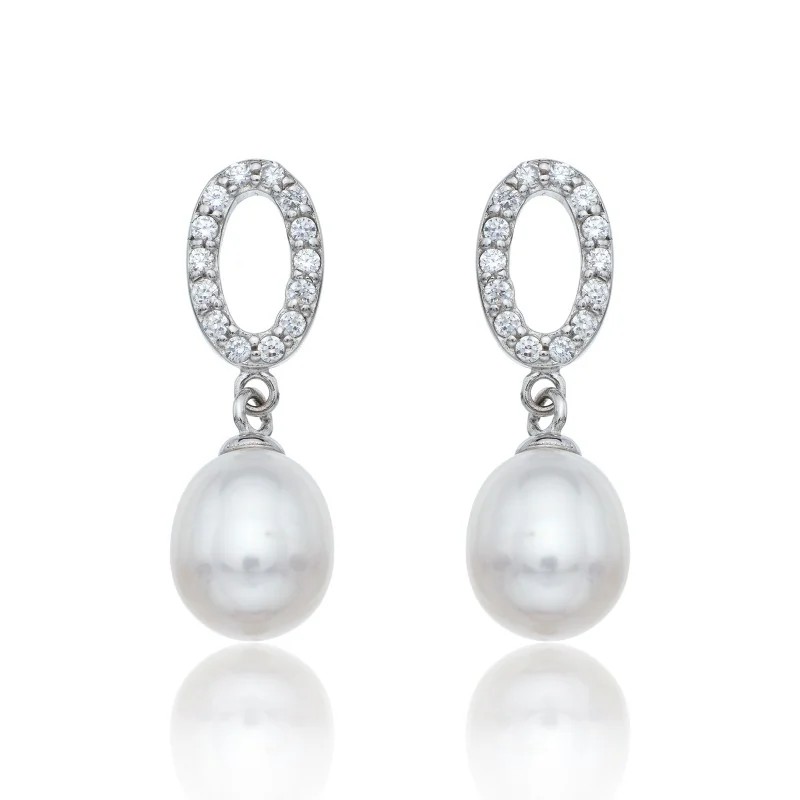 Sterling Silver Pearl & Cubic Zirconia Oval Drop Earrings