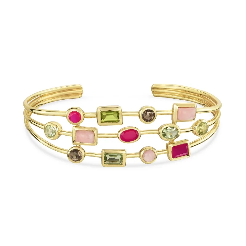 18ct Yellow Gold Vermeil Green Amethyst, Smoky Quartz, Pink Opal, Pink Fuchsia, Rose Quartz & Peridot Bangle