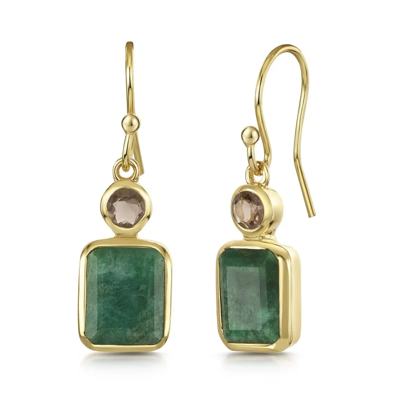 18ct Yellow Gold Vermeil Beryl Emerald & Smoky Quartz Earrings