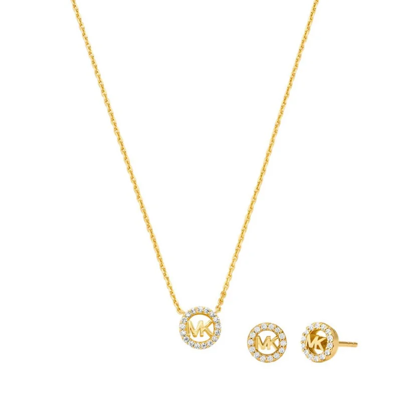 Michael Kors Fulton Pavé Logo Charm Necklace and Earrings Gift Set MKC1837SET