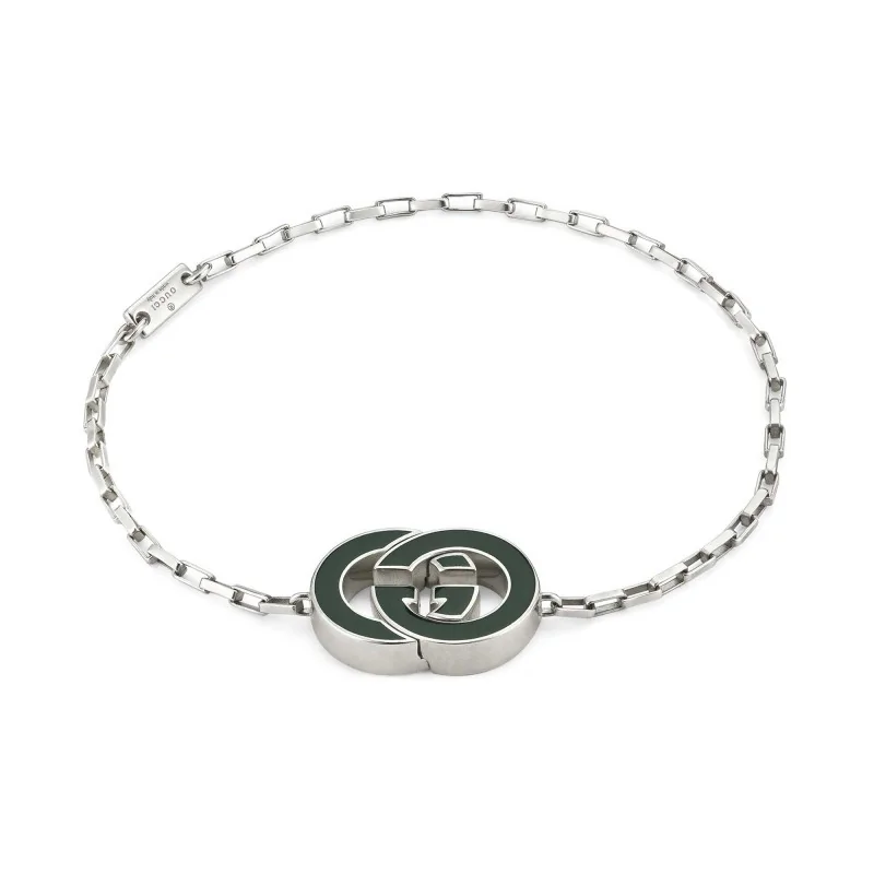 GUCCI Sterling Silver Interlocking Bracelet with Green Enamel YBA854121001 - Size Large / 18cm