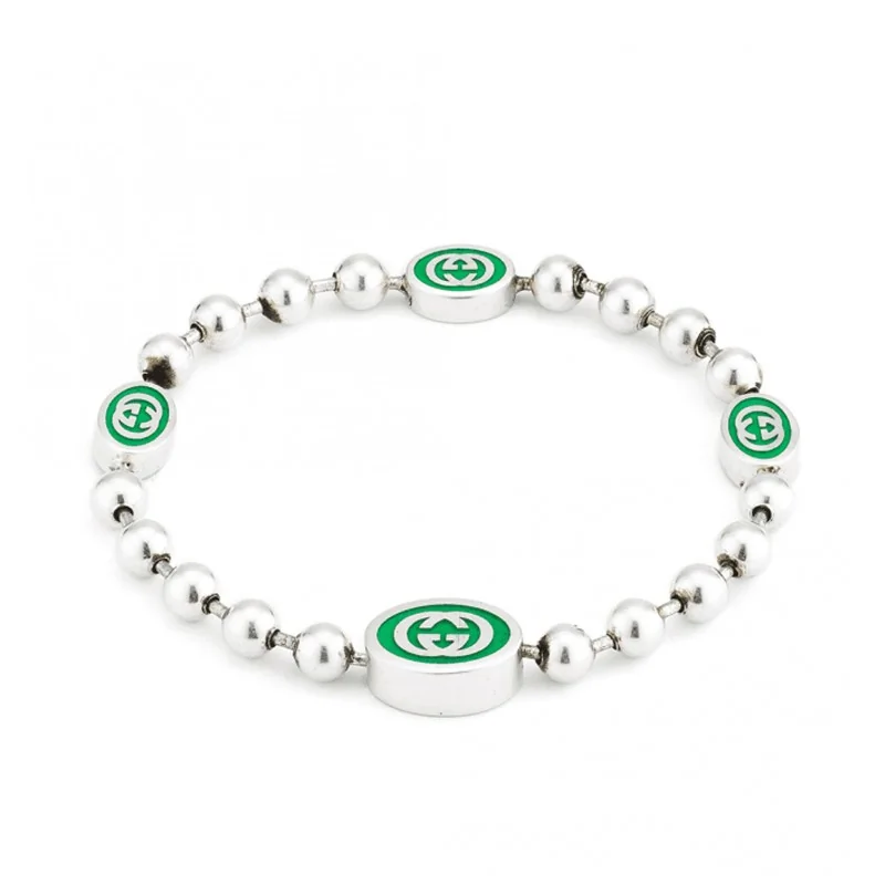Gucci Interlocking Bracelet Silver with Green YBA701609001 - Size L