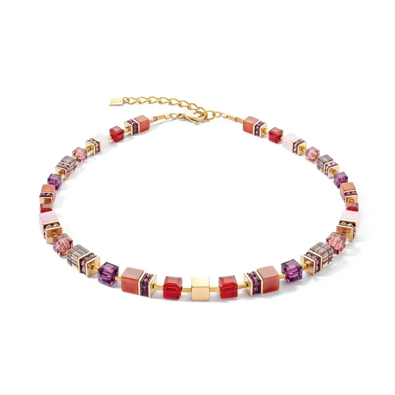 Coeur De Lion GeoCube Precious Gold Tone Red Smoke Necklace 3039/10_0316