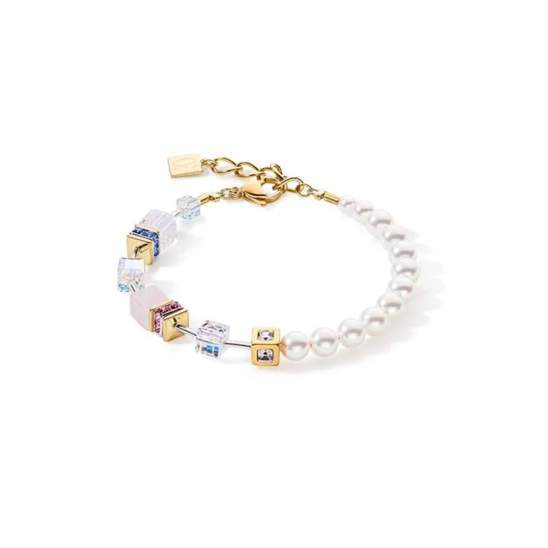 Ladies Coeur de Lion Yellow Gold Pink Pastel Geocube and Pearl Bracelet 5086/30-1522