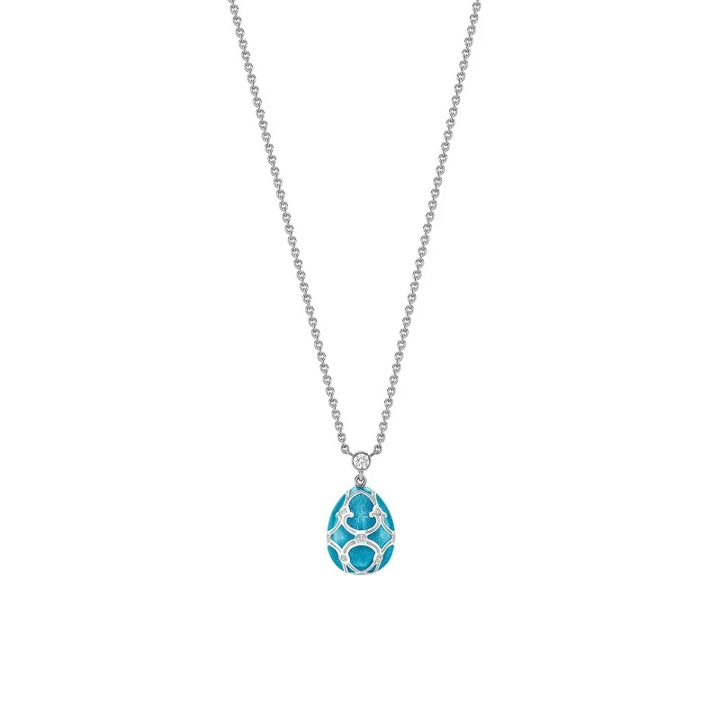 Fabergé Heritage White Gold Teal Guilloché Enamel Petite Egg Pendant 1152FP2454
