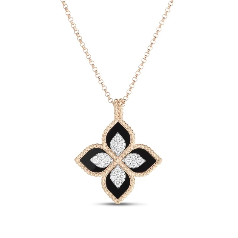 Roberto Coin Princess Flower 3.44ct Black Jade 0.19ct Diamond Pendant Necklace
