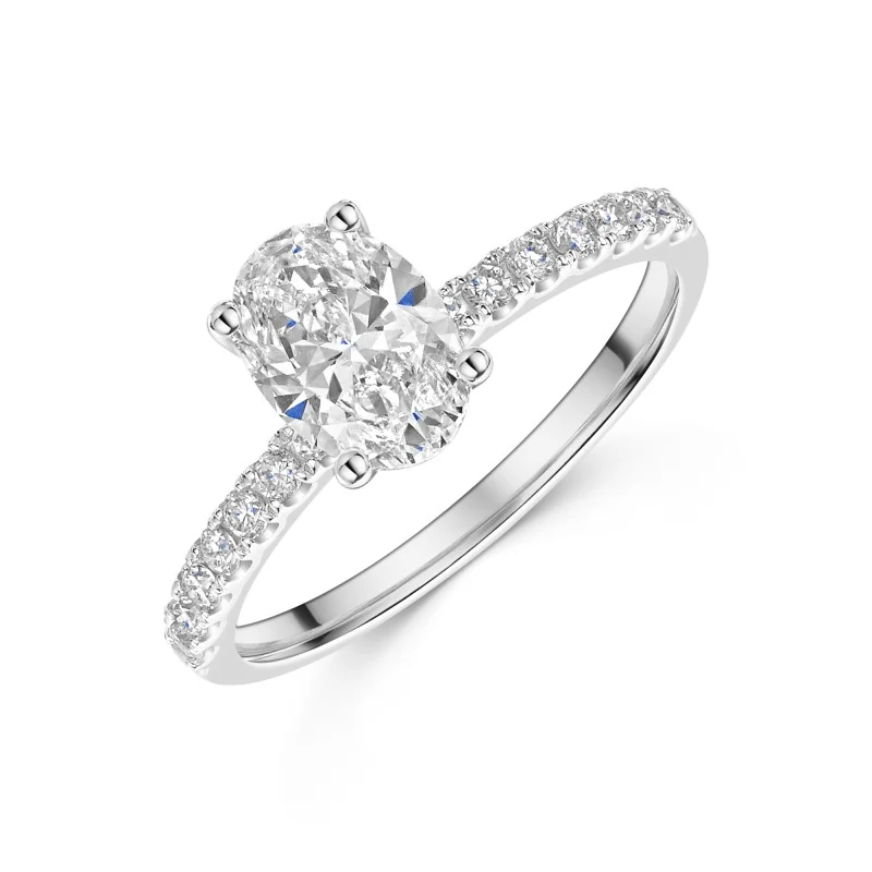 9ct White Gold Oval Cut 1.00ct Lab Grown Diamond 4 Claw Ring with Diamond Shoulders