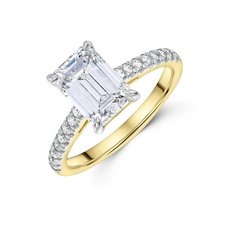18ct Yellow Gold Lab Grown 2.75ct Emerald Cut Diamond Shoulders Ring