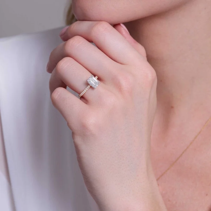 18ct Yellow Gold Emerald Cut 2.00ct Lab Grown Diamond Solitaire Ring with Diamond Shoulders