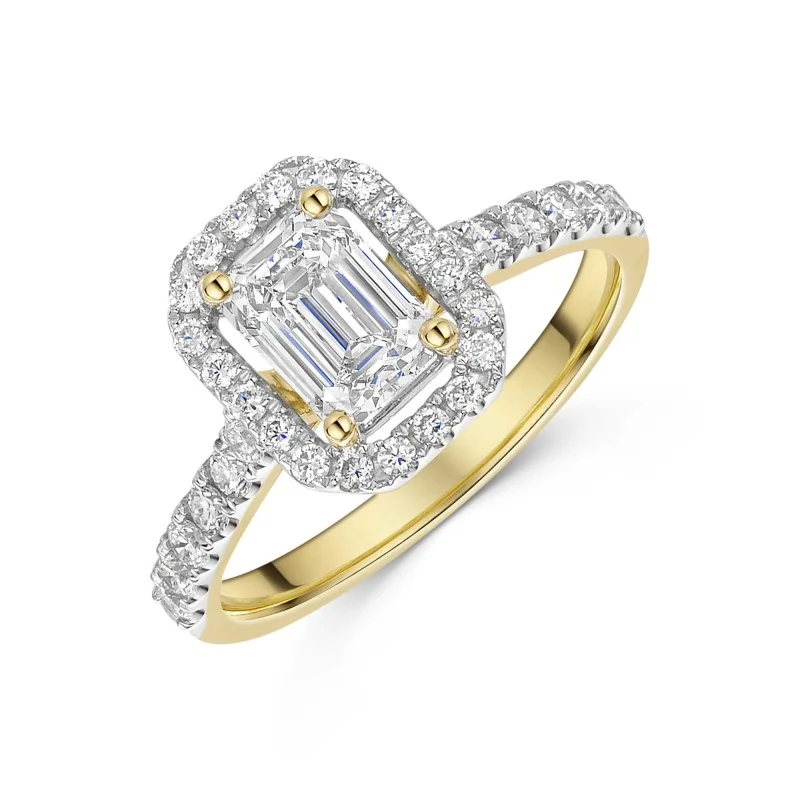 9ct Yellow Gold Emerald Cut 1.00ct Lab Grown Diamond Halo Ring with Diamond Shoulders