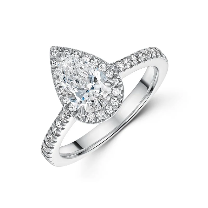 Platinum Lab Grown 0.75ct Pear Diamond Halo Shoulders Ring
