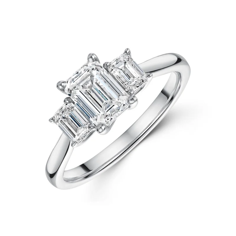 Platinum Lab Grown 1.50ct Emerald Diamond 3 Stone Ring
