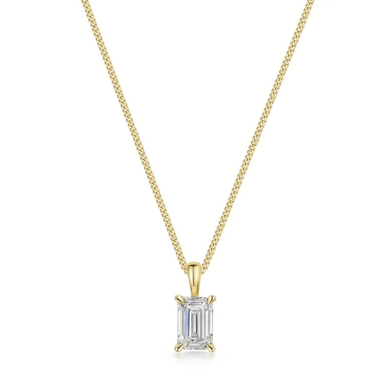 18ct Yellow Gold Emerald Cut 0.75ct Lab Grown Diamond 4 Claw Solitaire Pendant
