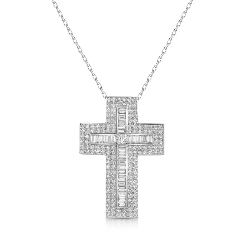 9ct White Gold Round Brilliant, Princess & Baguette Cut 1.25ct Lab Grown Diamond Cross Pendant