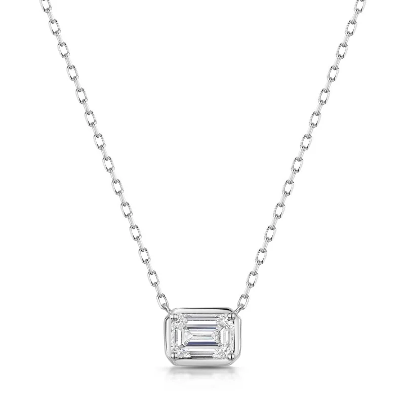 9ct White Gold Lab Grown Emerald Cut 1.00ct Diamond Rub Over Pendant