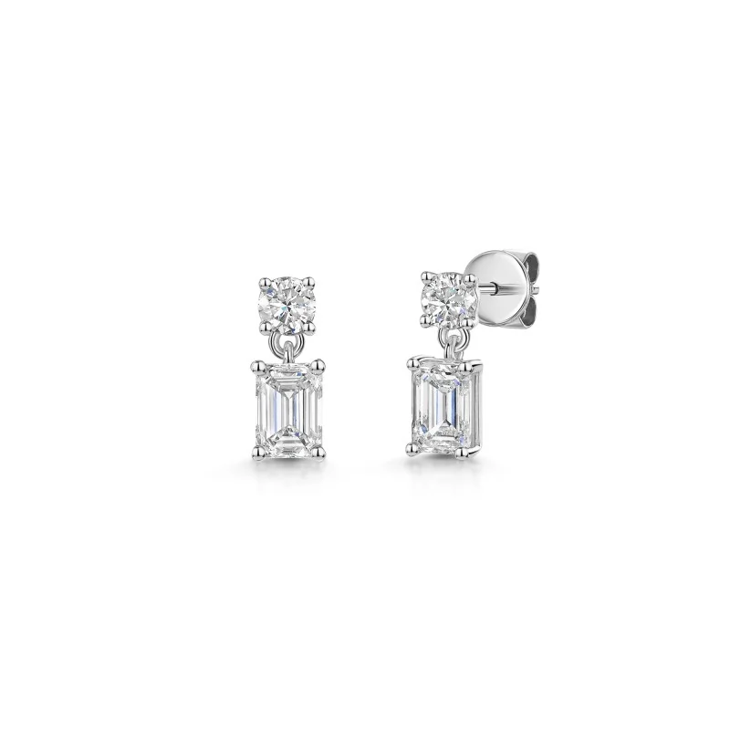 9ct White Gold Emerald Cut & Round Brilliant 1.30ct Lab Grown Diamond Drop Earrings