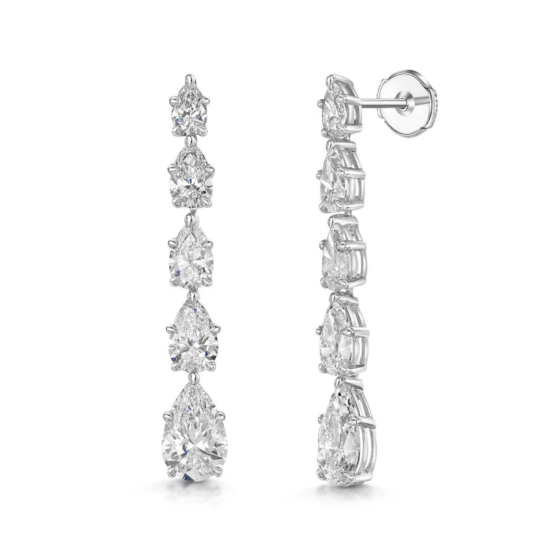 18ct White Gold Pear Cut 8.00ct Diamond Drop 5 Stone Earrings