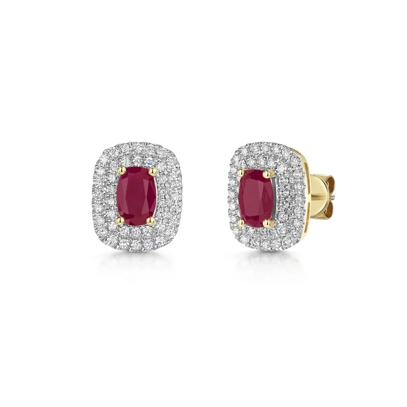 9ct Yellow Gold 1.80ct Cushion Cut Ruby Earrings with Double Lab Grown Diamond Halo