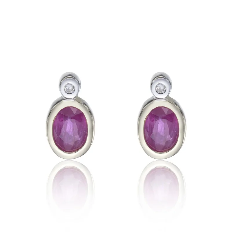 9ct Yellow Gold Diamond and 0.10ct Ruby Earrings