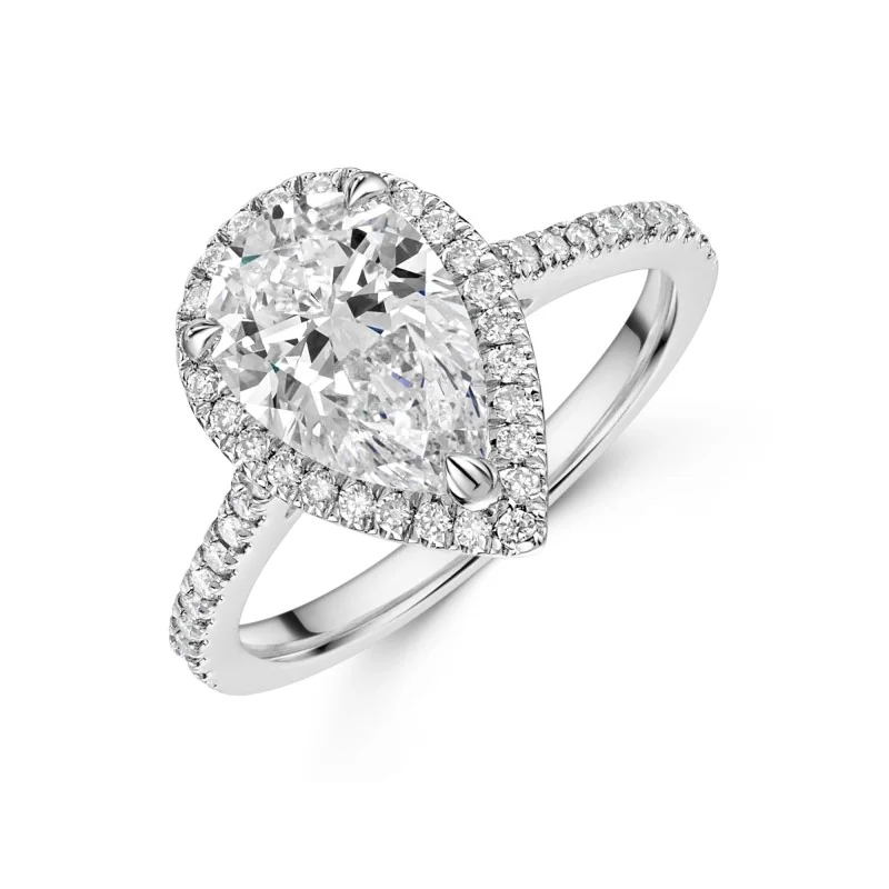 Platinum Lab Grown 2.00ct Pear Diamond Halo Shoulders Ring