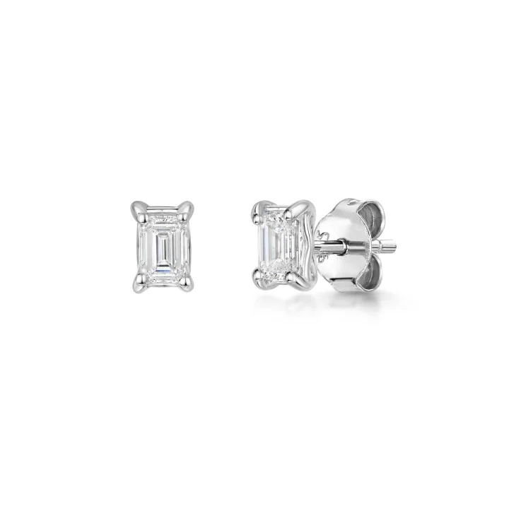 18ct White Gold 0.60ct Emerald Cut Diamond 4 Claw Solitaire Earrings