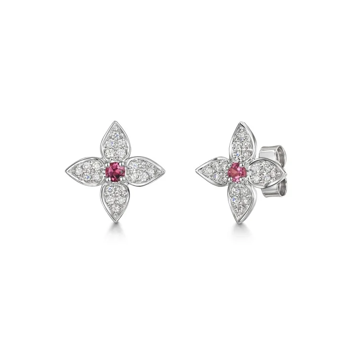 9ct White Gold Pink Tourmaline and 0.54ct Diamond Cluster Flower Earrings
