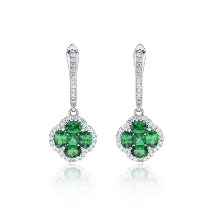 18ct White Gold 2.41ct Tsavorite and Round Brilliant Diamond Drop Flower Earrings 