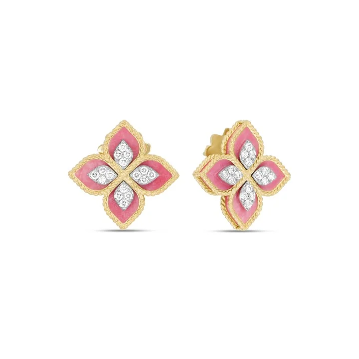 Roberto Coin Princess Flower 18ct Yellow Gold Rhodonite & 1.85ct Diamond Earrings ADV888EA2462 YW