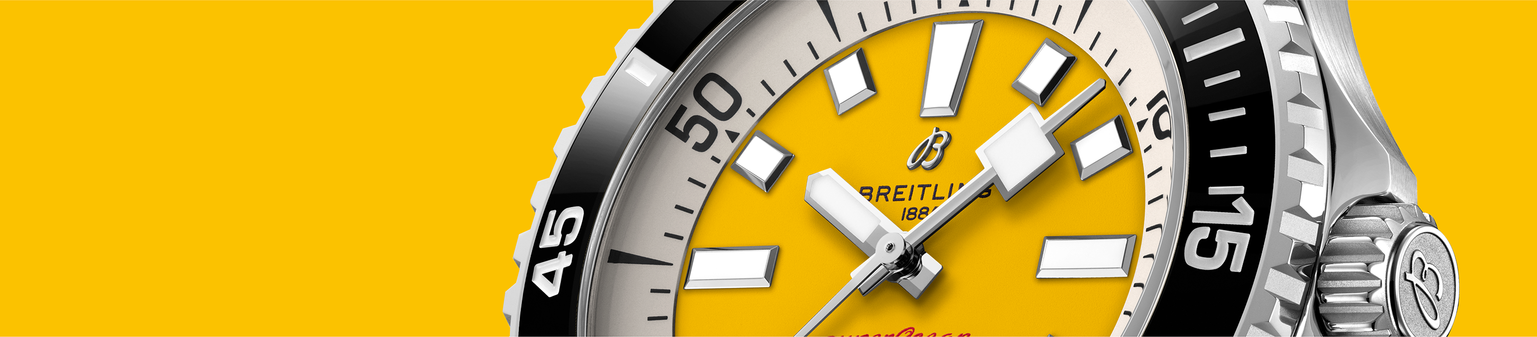 side shot of the breitling superocean automatic 46 code yellow watch with yellow background 
