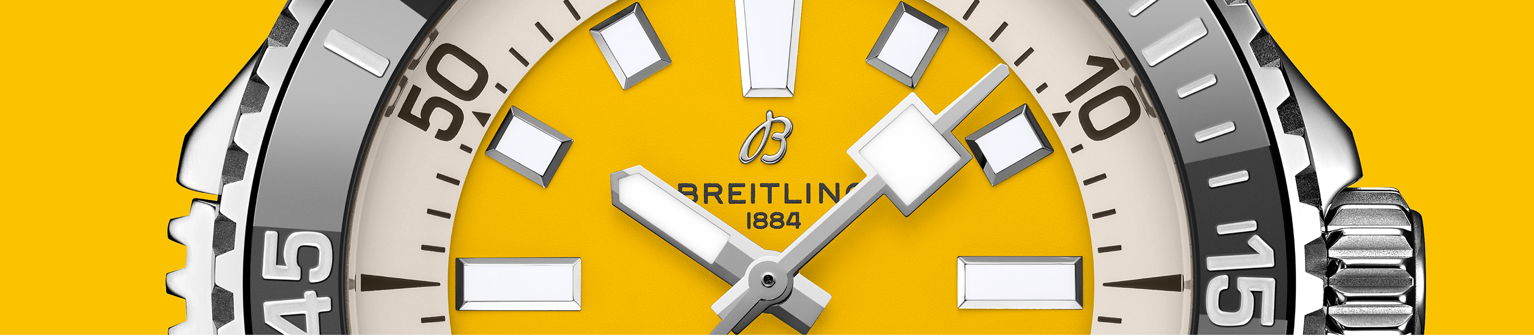 close up of breitling superocean code yellow with yellow background 