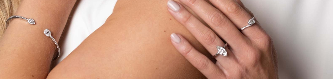 Marquise Diamond Ring on Model's Finger. 