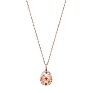 faberge treillage rose gold and gemstone egg pendant 