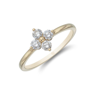 yellow gold ring with diamond cluster in shape of flower